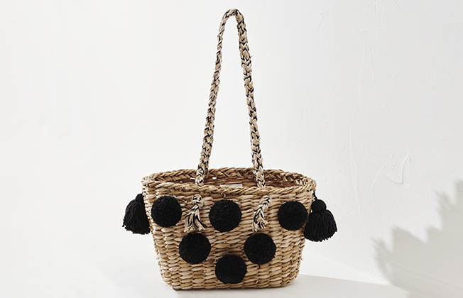 Straw Bag Round Form with Bobble