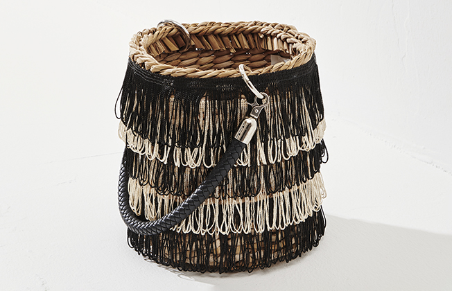 Cylinder Straw Bag Black-Nude Tassel with Jute Purse