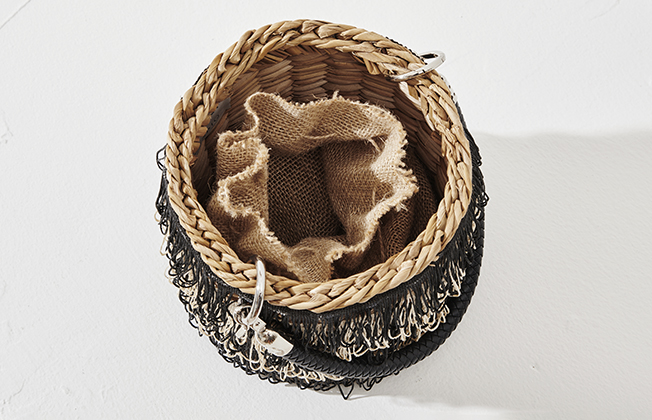 Cylinder Straw Bag Black-Nude Tassel with Jute Purse