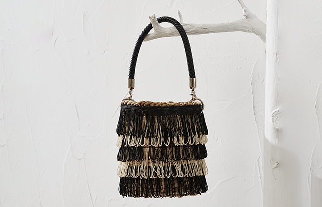 Cylinder Straw Bag Black-Nude Tassel with Jute Purse