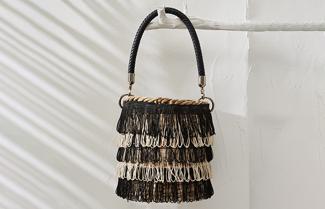 Cylinder Straw Bag Black-Nude Tassel with Jute Purse