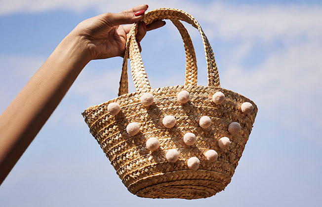 Straw Bag Mini Size Salmon Bobble 